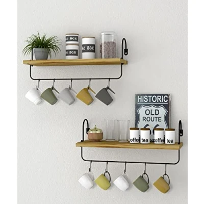 Abbildung von Petrala Holz Wandregal Kaffeebar Küchenregal Schweberegale 2er Set, Wandboard mit Handtuchhalter Haken Rustikale Vintage Industrial Design Deko Hängeregale für Badezimmer Wohnzimmer Tassenregal