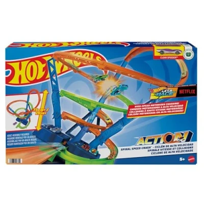 Abbildung von Hot Wheels HJT51 Action Crash Spirale Autorennbahn mit Zonen und Batterie betriebenem Beschleuniger, enthält 1 Spielzeugauto, Spielzeug für Kinder ab 5 Jahren