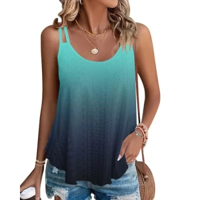 Abbildung von WNEEDU Damen Tank Tops Sommer Spaghetti Cami Oberteile Ärmellose Rundhalsausschnitt Blusen Top Shirts Farbverlauf Blau M