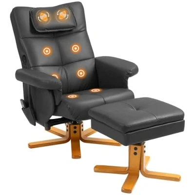 Abbildung von HOMCOM Massagesessel mit Fußstütze Relaxsessel Wohnzimmer Rückenlehne bis 135 verstellbar, Aufbewahrungsbox, Kopfstützeund und Fernbedienung Kunststoffbezug schwarz