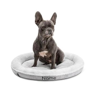 Abbildung von lionto Hundekörbchen rund in Donut Form, Ø 65 cm, Heimtierkissen für Hunde &amp; Katzen mit waschbarem Bezug Anti Rutsch Noppen, kuscheliges Hundebett aus Oxford Leinen Plüsch, grau (Namensaufdruck)