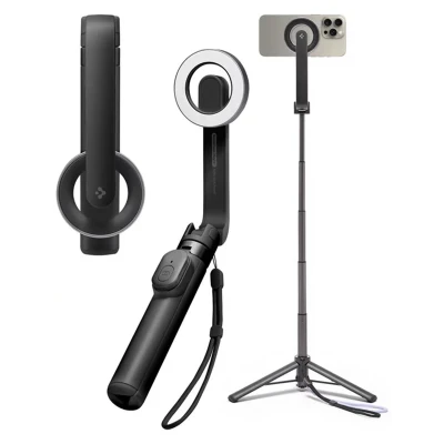 Abbildung von Spigen Magsafe Selfie Stick Stativ Wondersnap [Spigen MagFit Technologie] Bluetooth Fernbedienung Kompatibel mit iPhone 16/15 Pro Max, Samsung Galaxy S24/S23 Majestätisches Schwarz