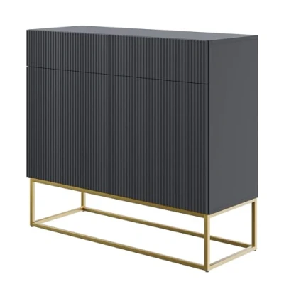 Abbildung von Selsey Kommode Schrank Aufbewahrungsschrank 100 cm Mit 2 Schubladen Und Türen Schwarz Goldene Beine Veldio