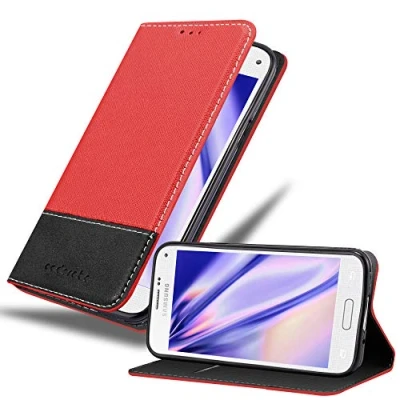 Abbildung von Cadorabo Hülle kompatibel mit Samsung Galaxy S5 Mini / DUOS aus Kunst Leder Flip Klappbare Magnetische [Kartenfächern] Cover für Tasche in Rot