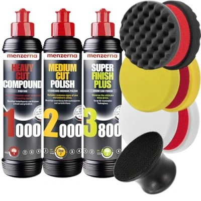 Abbildung von detailmate Menzerna Auto Politur Set Heavy Cut Compound 1000 + Medium 2000 Super Finish Plus 3800 3 Polierpads 85mm Applikator Autopolitur