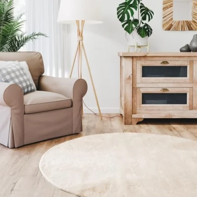Abbildung von Interiyou Kurzflorteppich Fargo 160x160 cm Rund Beige Flauschiger Fellteppich aus Kunstfell waschbar und rutschfest weicher Langflor Fell