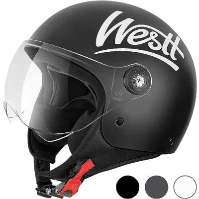 Abbildung von Westt Jethelm Motorradhelm mit Visier ECE 22.06 Zertifiziert Roller Helm für Damen und Herren Mopedhelm Ideal Motoroller, Moped, Scooter, Mofa usw