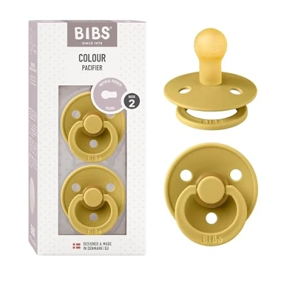 Abbildung von BIBS Colour Schnuller 2er Pack, BPA frei, Kirschform Nippel. Naturkautschuk/Latex, Hergestellt in Dänemark. Größe 2 6+ Monate Mustard/Mustard