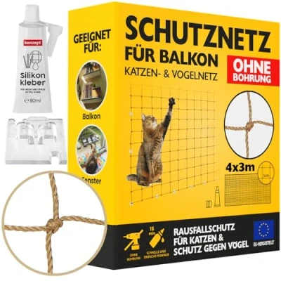 Abbildung von Konzept 11 Katzennetz für Balkon Ohne Bohren Set 4x3M, Vogelabwehr Sicherheitsnetz Fenster, Balkon, Katze, Starker Balkonnetz Vogelschutznetz Volierennetz