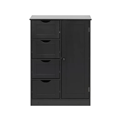 Abbildung von Rebecca Mobili Badezimmerschrank, bodenstehender Eingangsschrank, Schwarz Modern, 1 Tür 4 Schubladen, Hygienisch Platzsparend Maße HxLxB: 82 x 56 30 cm Art. RE6736