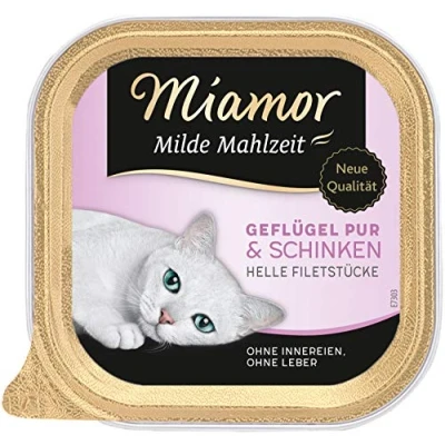 Abbildung von MIAMOR Milde Mahlzeit Nassfutter für ausgewachsene Katzen mit Filetstückchen vom Geflügel. Leicht verdauliches Ergänzungsfutter im Schälchen ohne Zusatzstoffe 16x100g Geflügel Pur &amp; Schinken