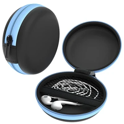 Abbildung von EAZY CASE Universal Tasche für In Ear Kopfhörer mit Netzfach Hardcase Aufbewahrungsbox, Schutztasche umlaufenden Reißverschluss, extra klein, rund, Hellblau