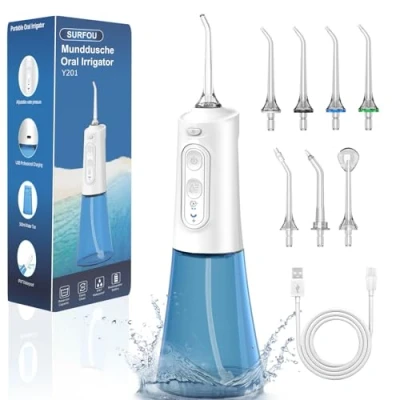 Abbildung von SURFOU Munddusche Kabellos Mundduschen 300ML 6 Wasserdruck 7 Düsen, Reise Water Flosser IPX7 Wasserdicht USB Wiederaufladbar für Reisen &amp; Hause