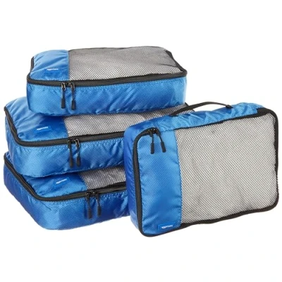 Abbildung von Amazon Basics Packwürfel Set für Koffer, Reise Organizer, Reißverschluss, 4 Teilig, 2 Mittelgroße, Große, Blau