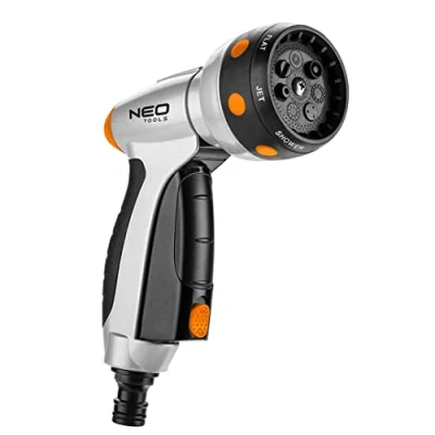 Abbildung von NEO TOOLS Gartenbrause, 7 Funktionen Handbrause Multi Gartenspritze mit Auslösesperre und CLICK Funktion, Ergonomischer Griff Wasserspritze für Garten, Regulierung der Wasserstrahlstärke