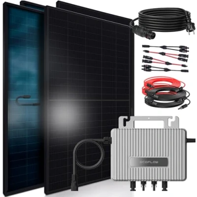 Abbildung von SUNNIVA® Balkonkraftwerk FULL BLACK BIFACIAL GLAS 2392W/800W Solaranlage mit 800W Ecoflow Stream Micro Wechselrichter Wifi Bluetooth, upgradebar drosselbar, 4x460W Bifaziale Solarmodule, 5m Kabel
