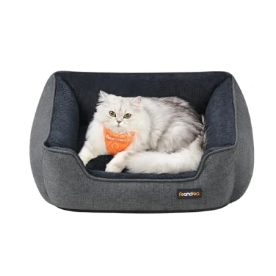 Abbildung von Feandrea Katzenbett, Hundebett, Hundekissen in Leinenoptik, erhöhte Ränder, rutschfeste Unterseite, Bezug abnehmbar waschbar, S, für Minihund, 60 x 50 21 cm, dunkelgrau PGW009G01