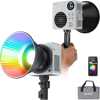 Abbildung von NEEWER 80W RGBWW LED Videoleuchte mit Reflektor und 72Wh Akku, APP/2,4G Steuerung 18 Effekte 10400lux/m 2500K 7500K 100W PD Schnellladung Mini RGB COB Dauerlicht Bowens Halterung HB80C