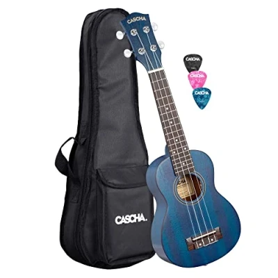 Abbildung von CASCHA Mahagoni Sopran Ukulele Erwachsene &amp; Kinder in Blau inkl. 3 Plektren gepolsterte Tasche Mahagoniholz für Anfänger Fortgeschrittene Aquila Nylon Saiten