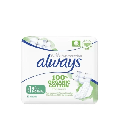 Abbildung von Always Cotton Protection Damenbinden 100% Bio Baumwolle Topsheet Größe 1 Normal mit Flügeln 12 Stück