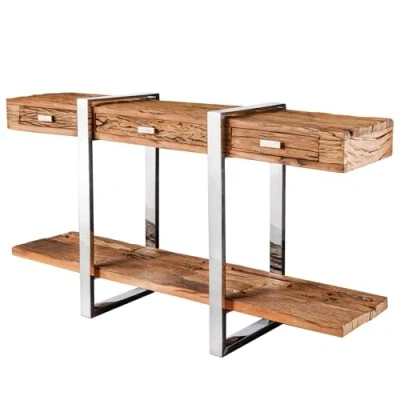Abbildung von Riess Ambiente Massivholz Konsolentisch Barracuda 140cm braun Teakholz Silber Edelstahl verchromt mit Schubladen Beistelltisch Flurtisch Standregal Regal Ablage