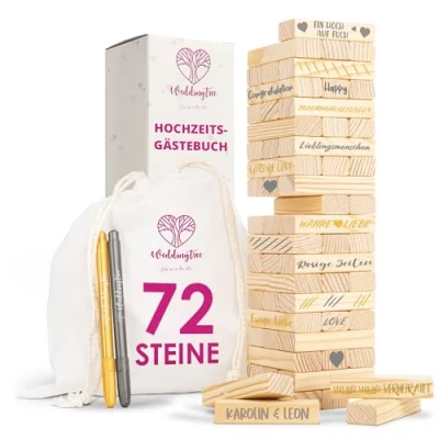Abbildung von WeddingTree Holzturm als Gästebuch Hochzeit Mit 72 Steinen, Aufbewahrungsbeutel und 3 Metallic Markern Hochzeitsspiel Alternative Ideen (Natur)