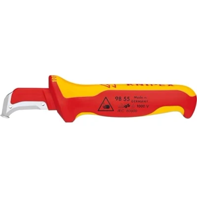 Abbildung von Knipex Abmantelungsmesser 98 55, mit Gleitschuh, isolierender Mehrkomponenten Griff, VDE geprüft 180 mm