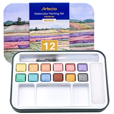 Abbildung von Artecho Aquarellfarben Set, 12 Metallic Farben Wasserfarben, Aquarell mit Wassertankpinsel, Tragbar Malkasten, perfekt für Anfänger und Profis, das ideale Geschenk