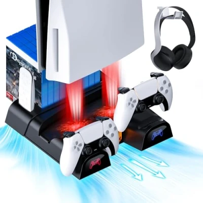 Abbildung von NexiGo PS5 Ständer mit Headset Halter und Netzteil, für Disc &amp; Digital Edition Dual Controller Ladestation, Vertikaler Standfuß Kühlung, 10 Game Rack Organizer, Schwarz