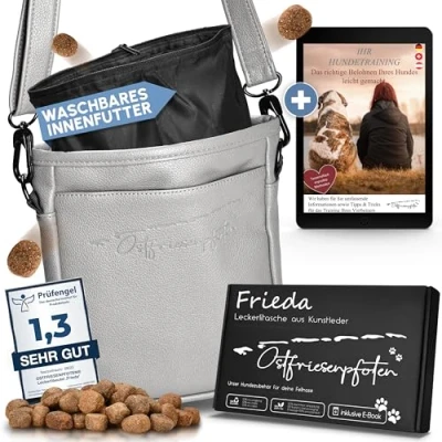 Abbildung von Ostfriesenpfoten® Leckerlibeutel &#039;Frieda&#039; für Hunde aus hochwertigem Kunstleder Grau Größe M Futterbeutel mit EasyOpen Einhandmagnetverschluss Gassitasche Leckerli