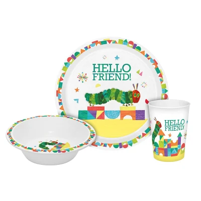 Abbildung von Geda Labels GmbH Kindergeschirr Set Raupe Nimmersatt Hello Friend 3tlg. (3 tlg), PP, Grün, 21,5x21,5x8,5, spülmaschinengeeignet