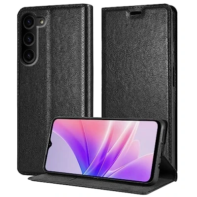 Abbildung von Cadorabo Hülle kompatibel mit Samsung Galaxy S23 aus Premium Kunst Leder Flip Klappbare Stoßfeste Magnetische [Standfunktion] [Kartenfächern] Cover Case für Tasche in Schwarz