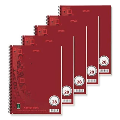 Abbildung von Stylex 43878 P5 Collegeblock kariert, 5 Stück in DIN A4, je 80 Blatt mit 90 g/m² Premiumpapier Spiralbindung