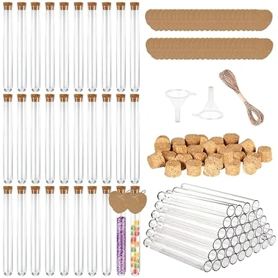 Abbildung von 30 Stück Reagenzglas mit Korken 15ml Reagenzgläser 15x150mm Kunststoff Transparent für Blumen Gastgeschenk Hochzeits Deko Badesalz Gefüllt Kraftpapieranhänger Hanfseil 2 Trichter