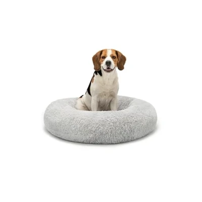 Abbildung von lionto Donutbett für Hunde und Katzen, Flauschiges Hundebett rund kleine große Heimtiere, Ø 80 cm, weiches Katzenbett aus kuscheligem Plüsch, Hundekissen mit extra Dicker Füllung, hellgrau