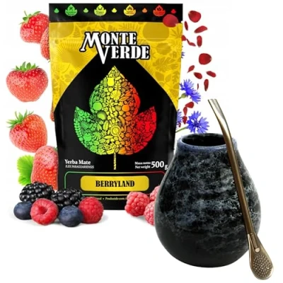 Abbildung von Yerba mate tee Set mit Monte Verde Berryland 500g ● Erdbeerfrucht, schwarze Johannisbeere, Himbeere Keramik tasse Marmol 350ml Edelstahl Bombilla 19cm