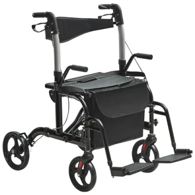 Abbildung von VEVOR 2 in 1 Rollator und Transportstuhl für Senioren zusammenklappbare Rollstuhl Kombination Fußstützen leichter Aluminium mit verstellbarem Griff All Terrain Räder 136 kg Blau