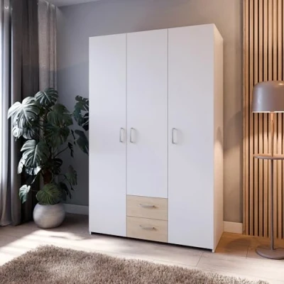 Abbildung von FORTE ECONOBOX Kleiderschrank 120, 3 türiger Drehtürenschrank mit 2 Schubladen und Einlegeböden, Holzwerkstoff, Weiß/Puccini Eiche, 119,4 cm breit, 190,5 hoch, 54,4 tief
