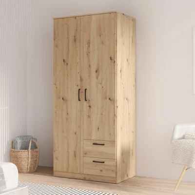 Abbildung von FORTE NIKO Kleiderschrank 82, Scandi mit 2 Türen und Schubladen, Holzwerkstoff, Artisan Eiche Dekor, 81,9 cm breit, 185 hoch, 52,7 tief