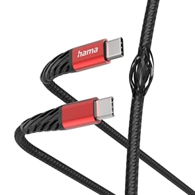Abbildung von Hama Ladekabel „Extreme“ USB C auf C, Nylon, 1,5m (Schnellladung, Handy Ladekabel, Datenkabel, Kabel, Handykabel, Typ Knickschutz, flexibel, High Tech, maximal kompatibel) schwarz/rot