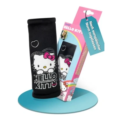 Abbildung von HiTS4KiDS Gurtpolster Auto für Kinder Schulterpolster passend Sicherheitsgurt &amp; Rucksack Gurtschutz mehr Komfort auf der Reise Gurtschoner Mädchen (Hello Kitty Schwarz 20cm)
