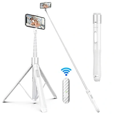 Abbildung von ATUMTEK Selfie Stick 165CM 3 in 1 Bluetooth Teleskop Stativ mit Abnehmbarer Fernbedienung Telefon Kompatibel iPhone 15/14, Samsung und andere Smartphones (Weiß)