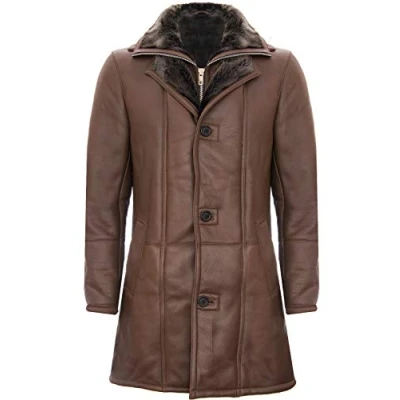 Abbildung von Infinity Leather Herren Warm Braun Nappa Leder Shearling Schaffell Trench Pilot Jacke Mantel L