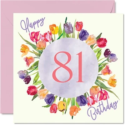 Abbildung von schöne Geburtstagskarte zum 81. Geburtstag für Frauen Aquarell Tulpen Blumenstrauß Karte Ihre Oma Mama Geburtstagsgeschenke 145mm florale Grußkarten