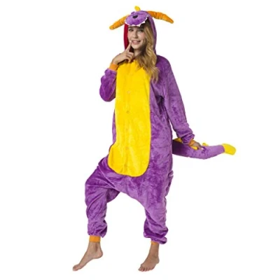 Abbildung von Katara Partyanzug Fantasy Figuren Jumpsuit Kostüm Erwachsene S XL, Karneval Kostüm, Kigurumi Dinosaurier lila gelb L (165 175cm)