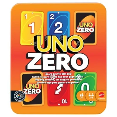 Abbildung von Mattel Games UNO Zero Kartenspiel in Aufbewahrungsdose zum Mitnehmen für Kinder, Erwachsene, Familienabende und Partys, enthält Punktekarte, 2 bis 8 Spieler, ab 7 Jahren, JLK16