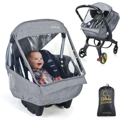 Abbildung von Orzbow Universal Regenschutz für Babyschale (z.B. Maxi Cosi/Cybex/Römer),Abdeckbare Trageöffnung und Luftlöchern, Kontaktfenster,mit Tasche,Notwendiger Schutz Babys oder Haustiere (Hellgrau)