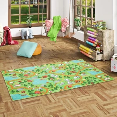 Abbildung von Snapstyle Kinder Spiel Teppich Campingplatz Grün in 24 Größen