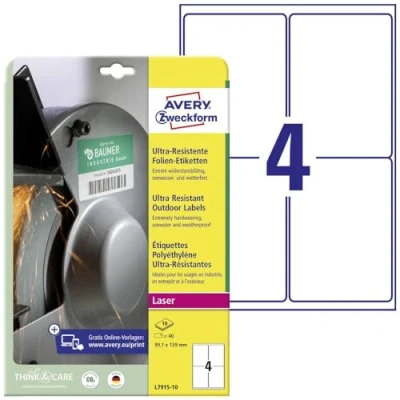 Abbildung von AVERY Zweckform L7915 10 Strapazierfähige Folienetiketten (40 Aufkleber, 99,1x139mm auf A4, extrem stark selbstklebend, für schwierige Oberflächen, bedruckbare Outdoor Klebefolie) Blatt, weiß