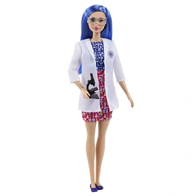 Abbildung von Barbie You Can Be Anything Serie, Wissenschaftlerin, Wissenschaftler Puppe mit blauen Haaren, Laborkittel, Mikroskop, Schutzbrille, Zubehör, inkl Puppe, als Geschenk geeignet